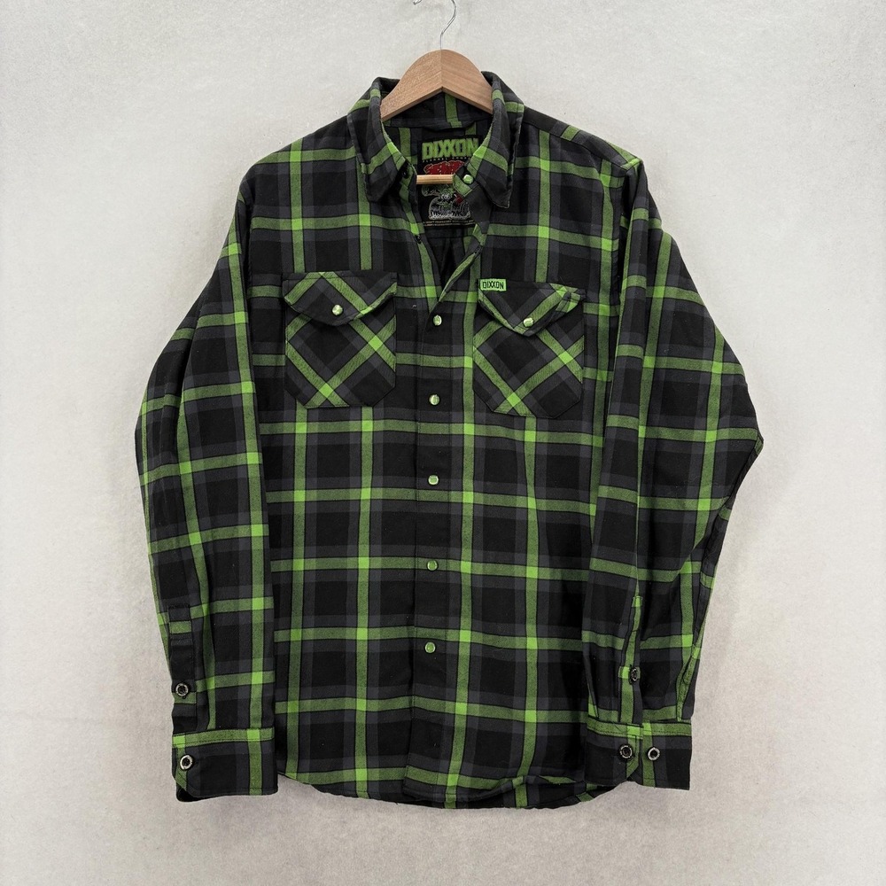 Dixxon Shifter Shirt Mens Small Black Green Plaid Flannel Long Sleeve Snap Biker
